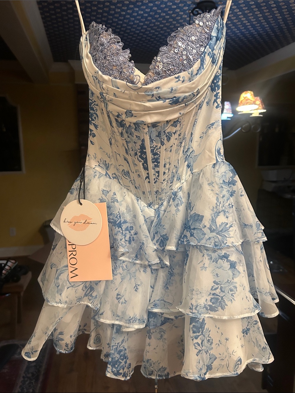 Kiss prom Blue and White floral bodice with tie back. Never worn, tags remaining